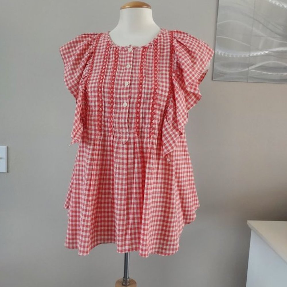 Max Studio Red Gingham Flutter Sleeve Blouse - image 1